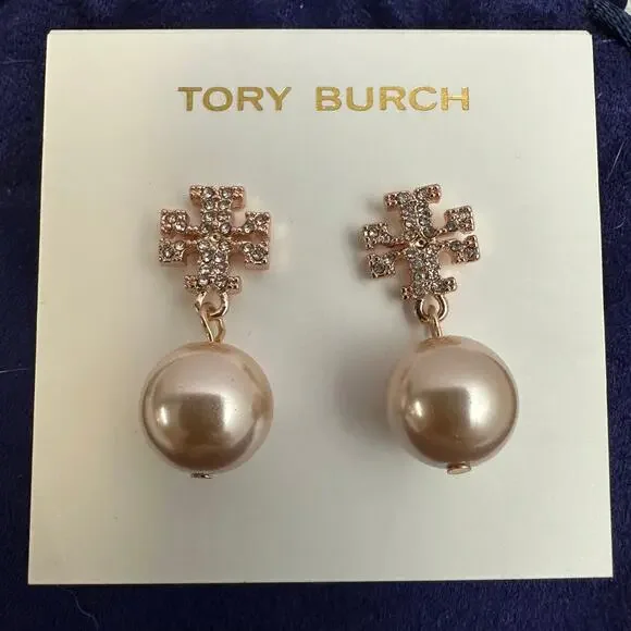 Tory Burch Kira Pave Rose Gold Rhinestone Logo Dangle Pearl Earrings Dustbag NEW - Picture 2 of 6